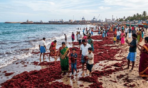 Red Seaweed Washes Ashore Along Thoothukudi Harbour Beach, Draws Visitors